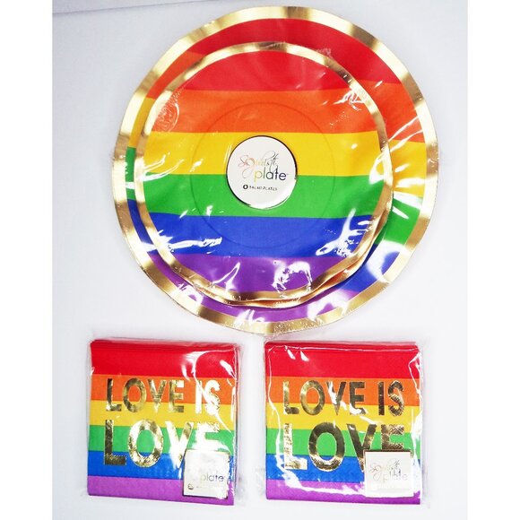 Love is Love Settings for 16 Dinner & Salad Plates, 40 Napkins Rainbow Pride NEW - Picture 1 of 5